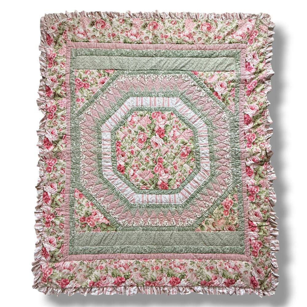 Floral Patchwork Wall Hanging Quilt 63x54 Ruffled Edge Cottagecore Country
